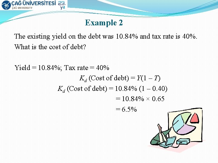 Example 2 The existing yield on the debt was 10. 84% and tax rate