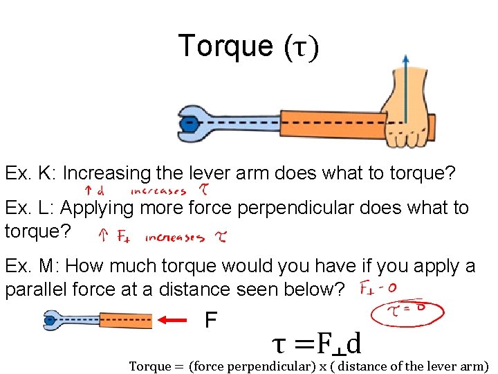 Torque (τ) Ex. K: Increasing the lever arm does what to torque? Ex. L: