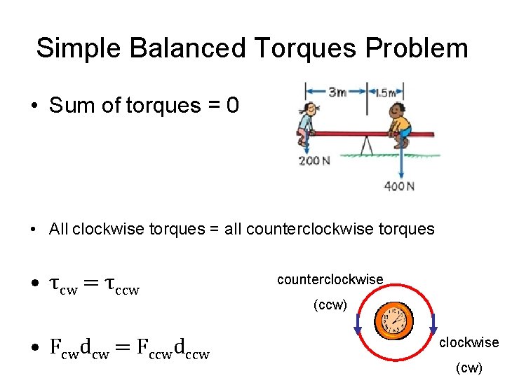 Simple Balanced Torques Problem • Sum of torques = 0 • All clockwise torques