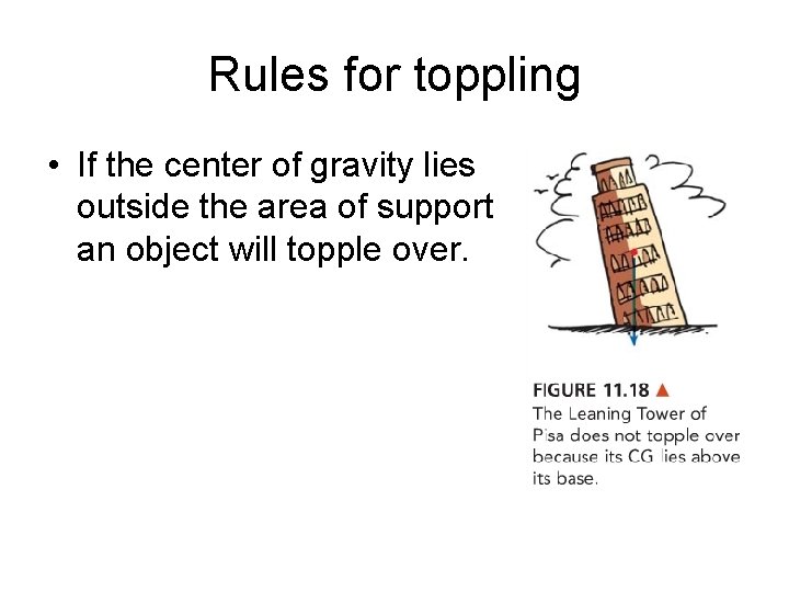 Rules for toppling • If the center of gravity lies outside the area of