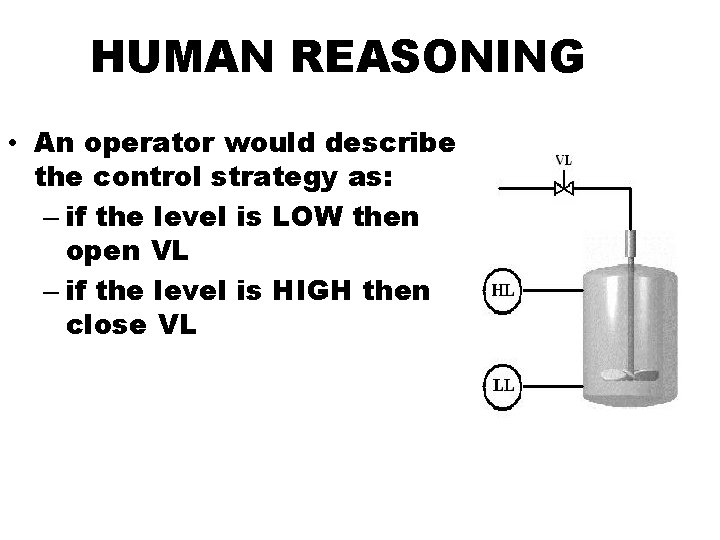 HUMAN REASONING • An operator would describe the control strategy as: – if the