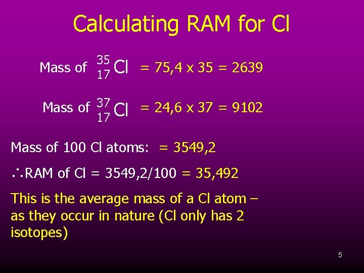 Calculating RAM for Cl 35 Mass of 17 Cl = 75, 4 x 35