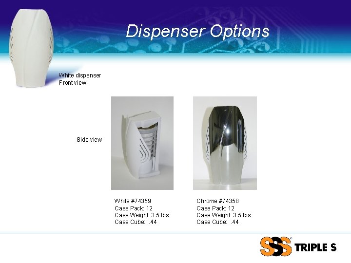 Dispenser Options White dispenser Front view Side view White #74359 Case Pack: 12 Case