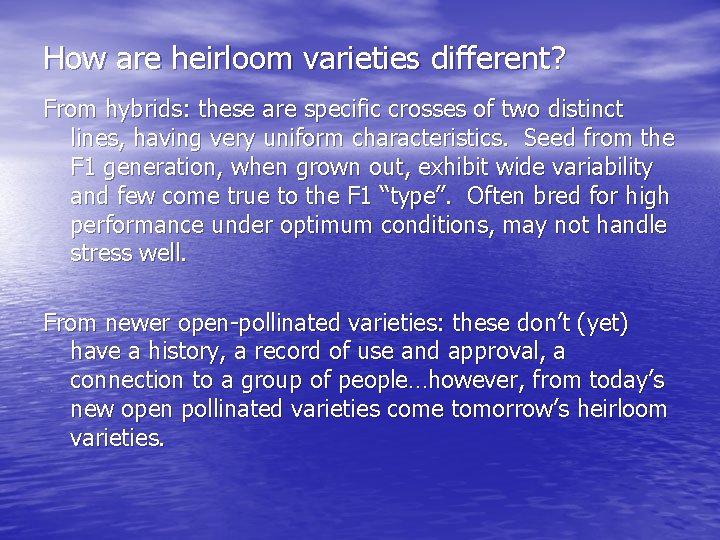 How are heirloom varieties different? From hybrids: these are specific crosses of two distinct