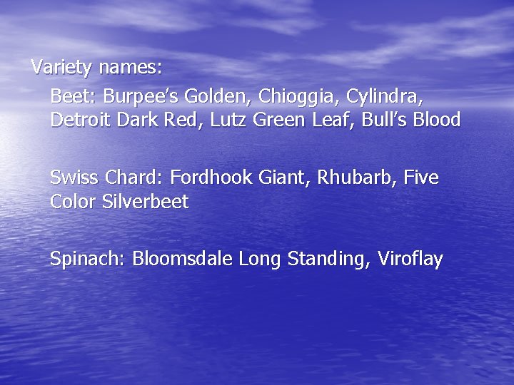 Variety names: Beet: Burpee’s Golden, Chioggia, Cylindra, Detroit Dark Red, Lutz Green Leaf, Bull’s