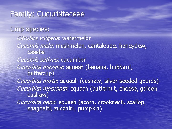 Family: Cucurbitaceae Crop species: Citrullus vulgaris: watermelon Cucumis melo: muskmelon, cantaloupe, honeydew, casaba Cucumis