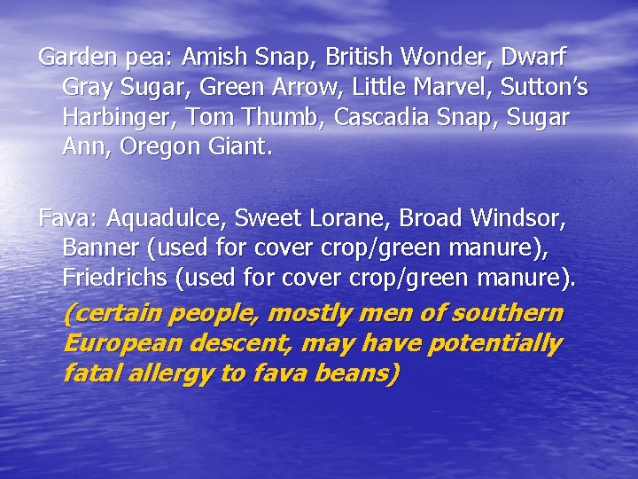 Garden pea: Amish Snap, British Wonder, Dwarf Gray Sugar, Green Arrow, Little Marvel, Sutton’s