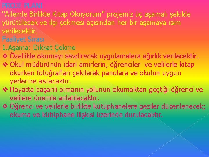 PROJE PLANI ‘’Ailemle Birlikte Kitap Okuyorum’’ projemiz üç aşamalı şekilde yürütülecek ve ilgi çekmesi PROJE PLANI ‘’Ailemle Birlikte Kitap Okuyorum’’ projemiz üç aşamalı şekilde yürütülecek ve ilgi çekmesi