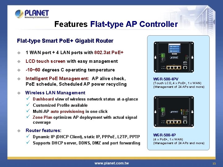 Features Flat-type AP Controller Flat-type Smart Po. E+ Gigabit Router u 1 WAN port