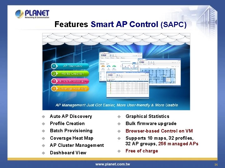 Features Smart AP Control (SAPC) u Auto AP Discovery u Graphical Statistics u Profile