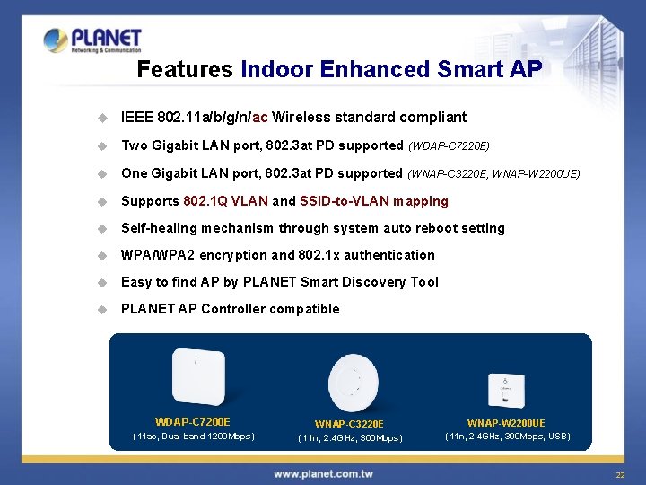 Features Indoor Enhanced Smart AP u IEEE 802. 11 a/b/g/n/ac Wireless standard compliant u