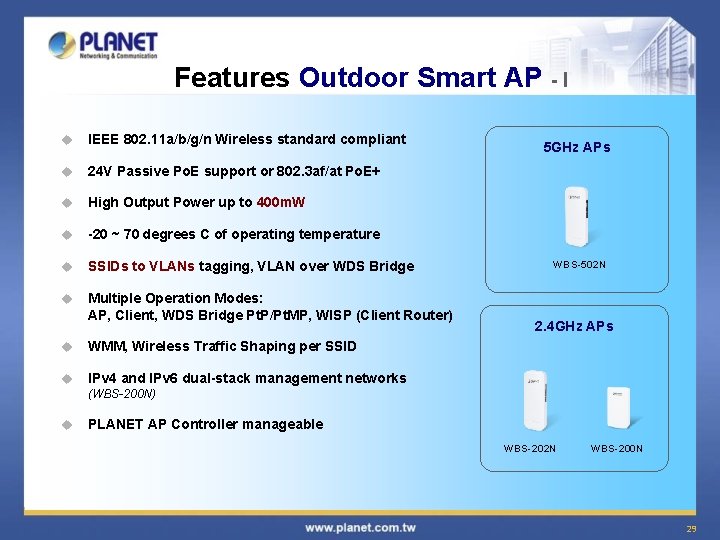 Features Outdoor Smart AP - I u IEEE 802. 11 a/b/g/n Wireless standard compliant