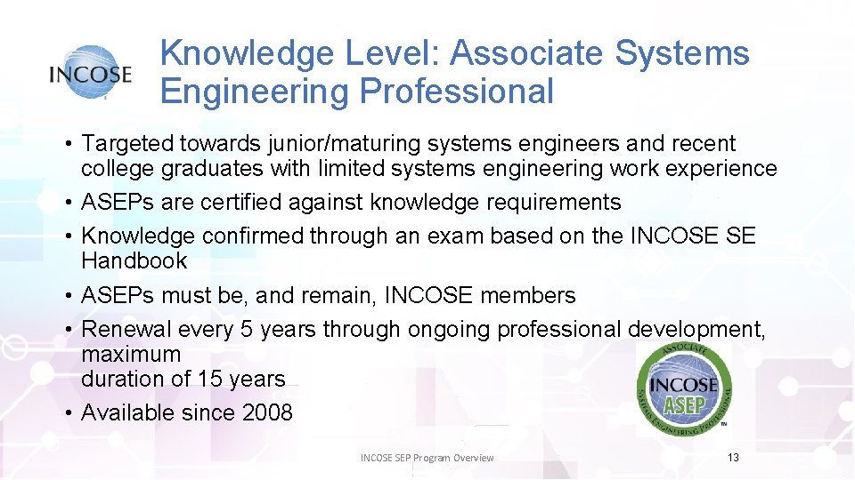 Knowledge Level: Associate Systems Engineering Professional • Targeted towards junior/maturing systems engineers and recent