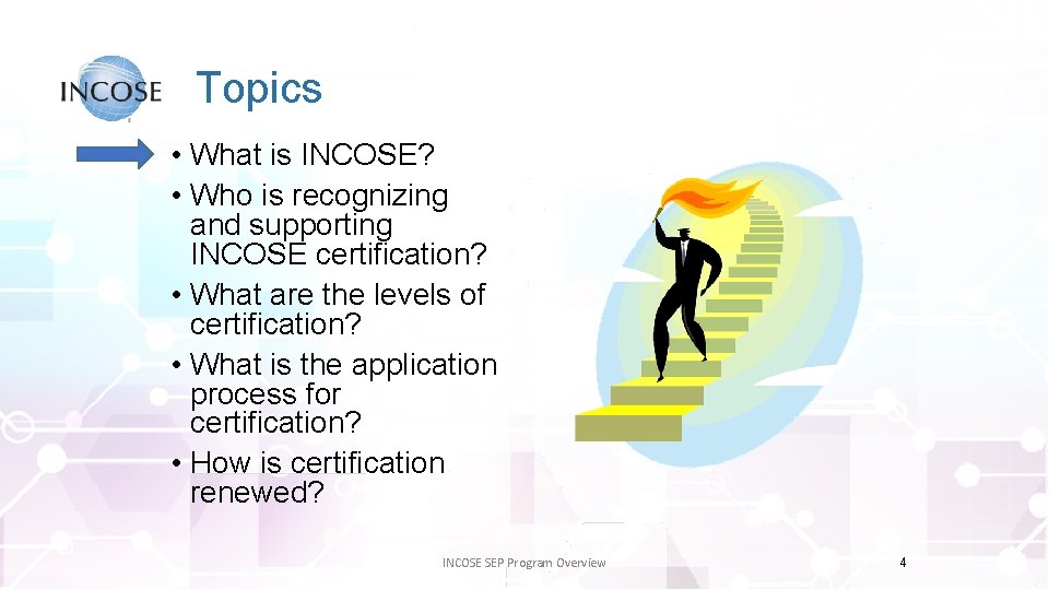 Topics • What is INCOSE? • Who is recognizing and supporting INCOSE certification? •
