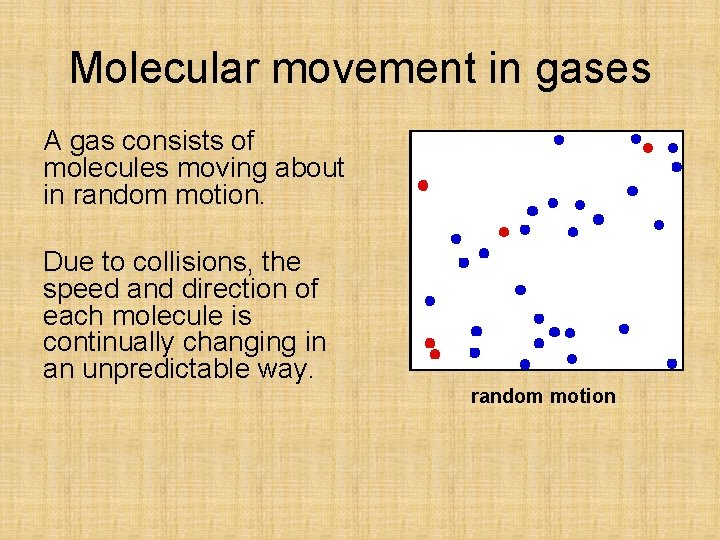 Molecular movement in gases A gas consists of molecules moving about in random motion.