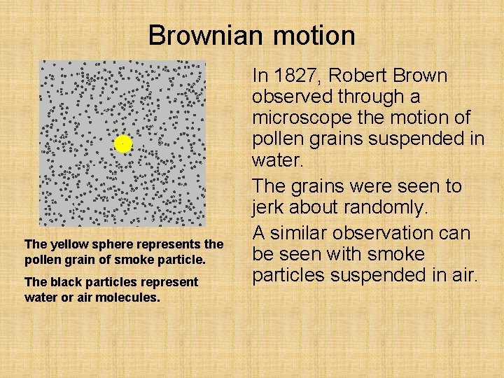 Brownian motion The yellow sphere represents the pollen grain of smoke particle. The black