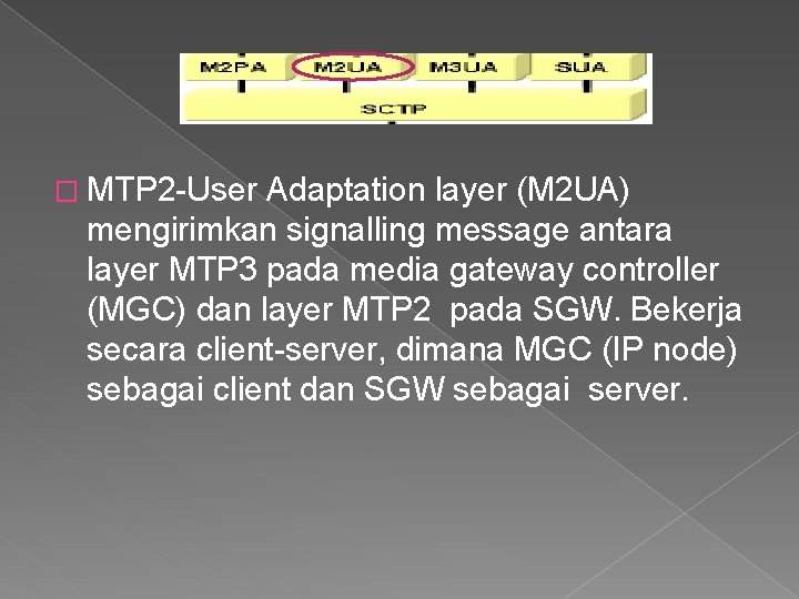 � MTP 2 -User Adaptation layer (M 2 UA) mengirimkan signalling message antara layer