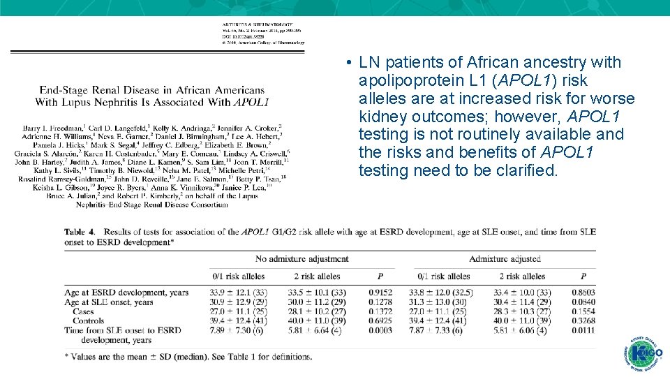 • LN patients of African ancestry with apolipoprotein L 1 (APOL 1) risk • LN patients of African ancestry with apolipoprotein L 1 (APOL 1) risk
