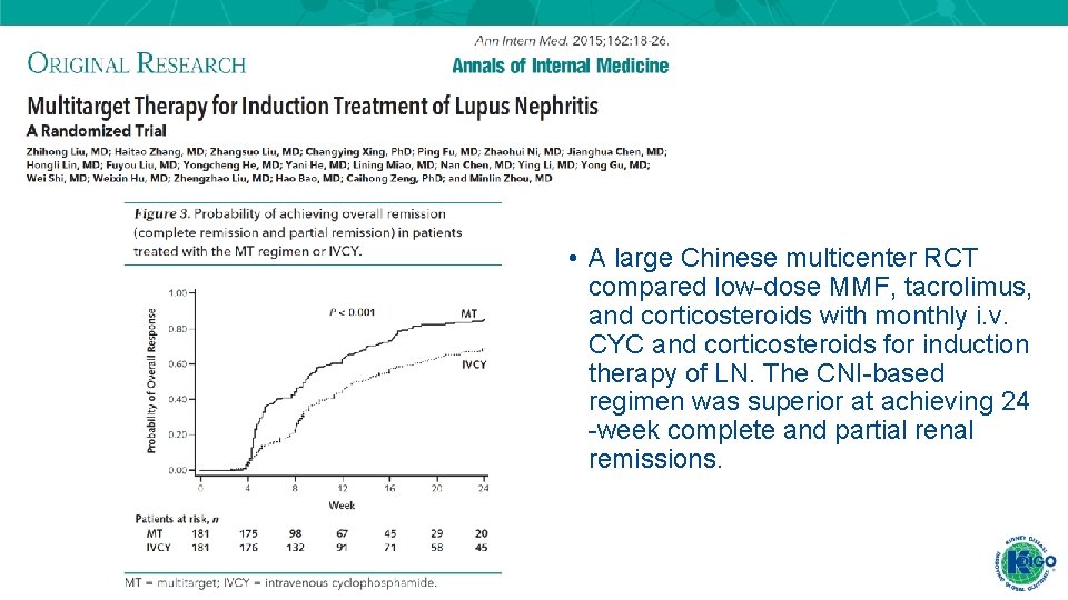 • A large Chinese multicenter RCT compared low-dose MMF, tacrolimus, and corticosteroids with • A large Chinese multicenter RCT compared low-dose MMF, tacrolimus, and corticosteroids with