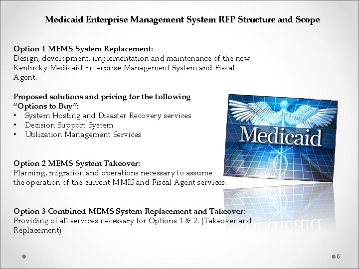  Medicaid Enterprise Management System RFP Structure and Scope Option 1 MEMS System Replacement: