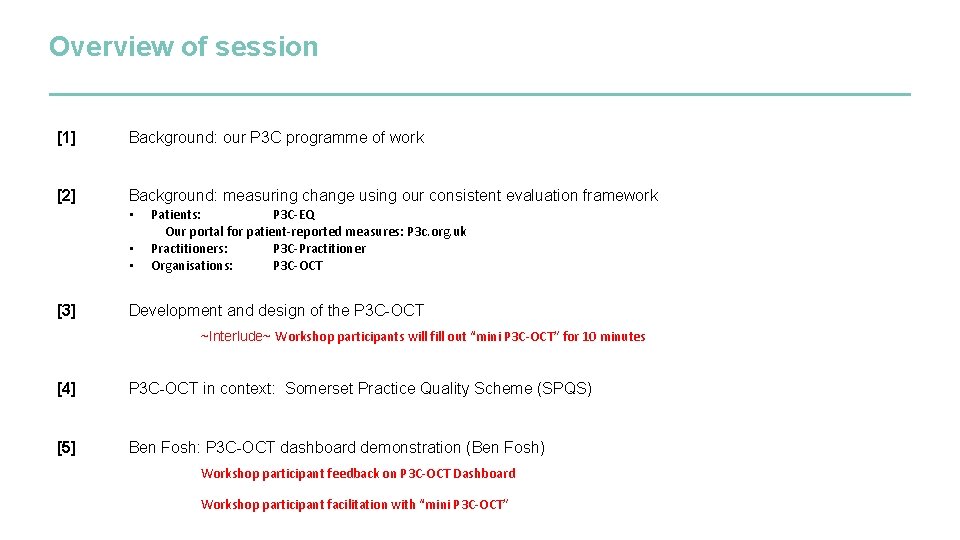 Overview of session [1] Background: our P 3 C programme of work [2] Background: