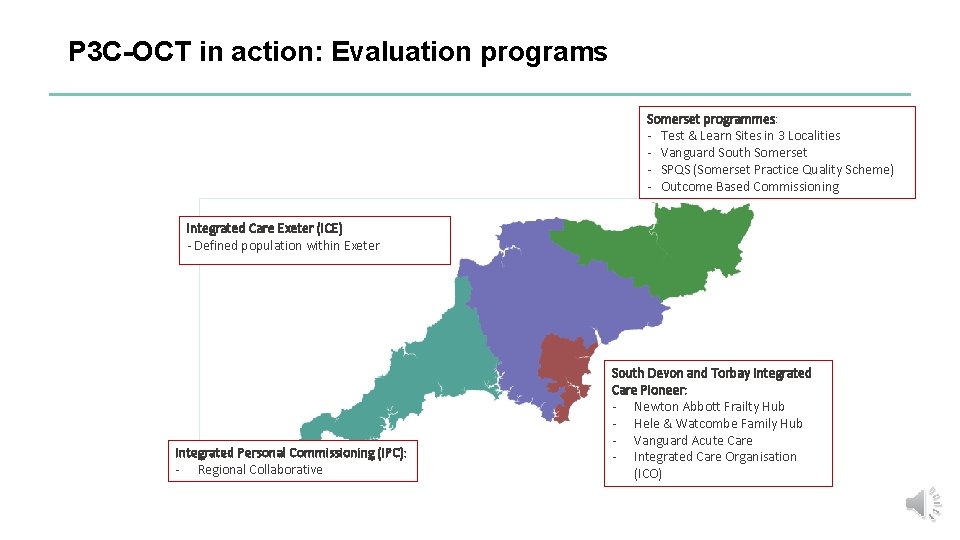 P 3 C-OCT in action: Evaluation programs Somerset programmes: - Test & Learn Sites