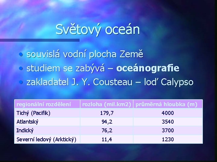 Světový oceán • • • souvislá vodní plocha Země studiem se zabývá – oceánografie