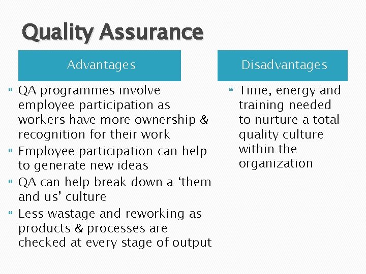 Quality Assurance Advantages QA programmes involve employee participation as workers have more ownership &