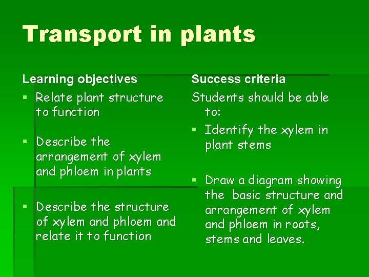 Transport in plants Learning objectives § Relate plant structure to function § Describe the