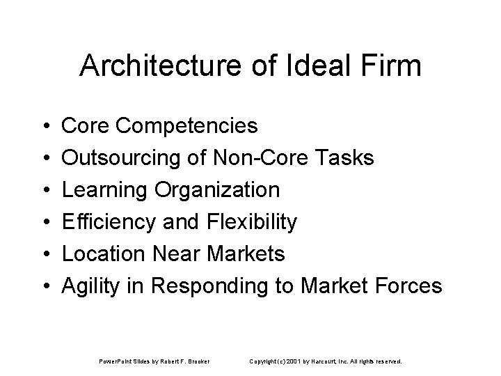 Architecture of Ideal Firm • • • Core Competencies Outsourcing of Non-Core Tasks Learning