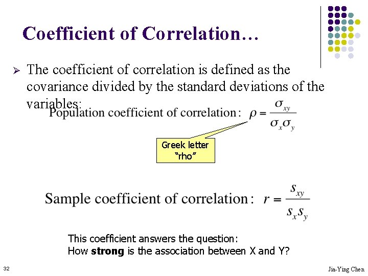 Coefficient of Correlation… Ø The coefficient of correlation is defined as the covariance divided
