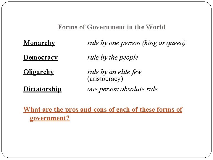 Forms of Government in the World Monarchy rule by one person (king or queen)