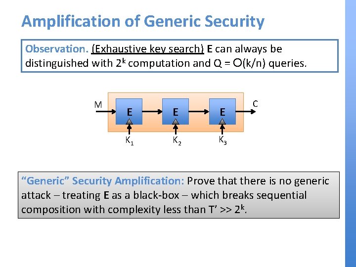 Amplification of Generic Security Observation. (Exhaustive key search) E can always be distinguished with