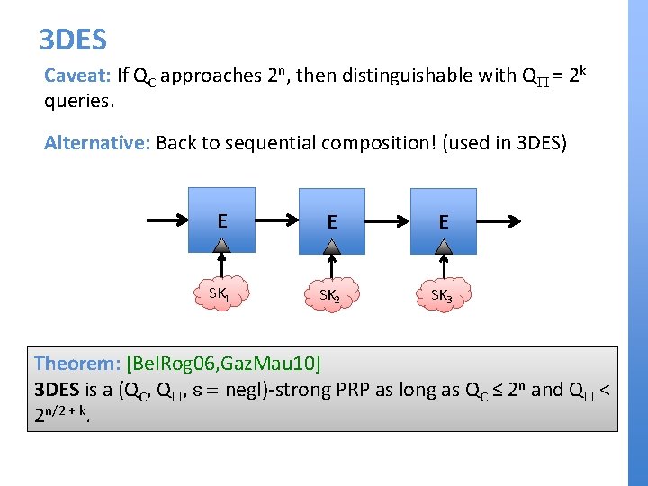 3 DES Caveat: If QC approaches 2 n, then distinguishable with QP = 2