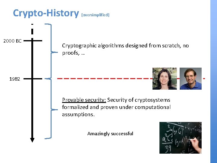 Crypto-History 2000 BC [oversimplified] Cryptographic algorithms designed from scratch, no proofs, … 1982 Provable