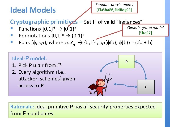 Ideal Models Random-oracle model [Fia. Sha 86, Bel. Rog 93] Cryptographic primitives – Set