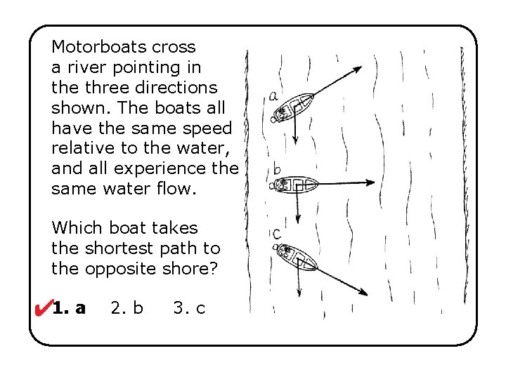 Motorboats cross a river pointing in the three directions shown. The boats all have