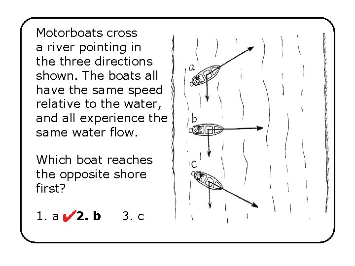 Motorboats cross a river pointing in the three directions shown. The boats all have