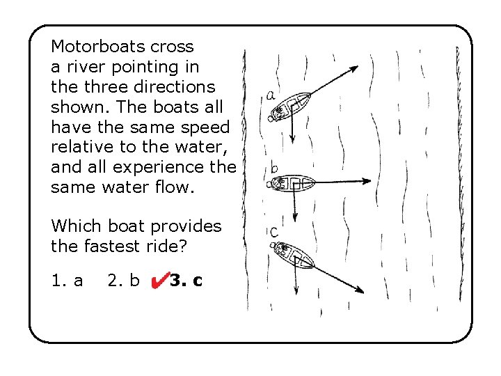 Motorboats cross a river pointing in the three directions shown. The boats all have