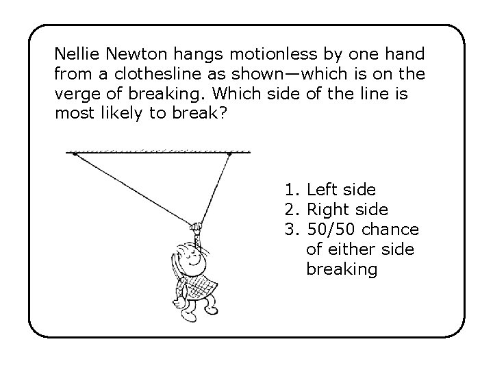 Nellie Newton hangs motionless by one hand from a clothesline as shown—which is on