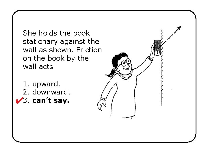 She holds the book stationary against the wall as shown. Friction on the book