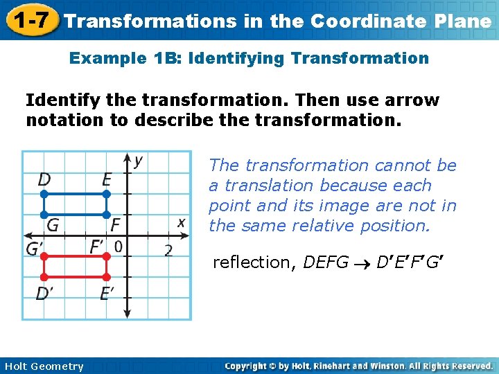 1 -7 Transformations in the Coordinate Plane Example 1 B: Identifying Transformation Identify the