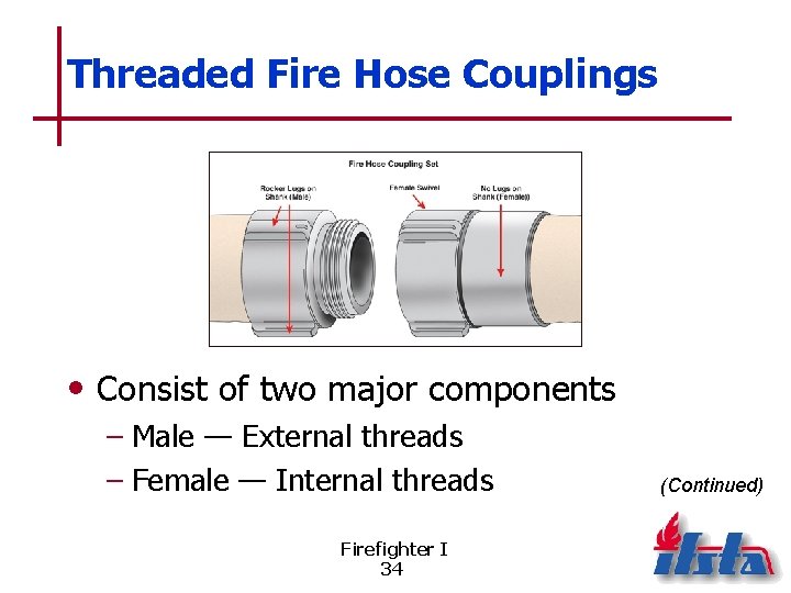 Threaded Fire Hose Couplings • Consist of two major components – Male — External
