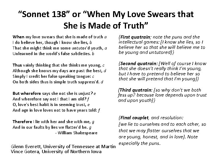 “Sonnet 138” or “When My Love Swears that She is Made of Truth” When