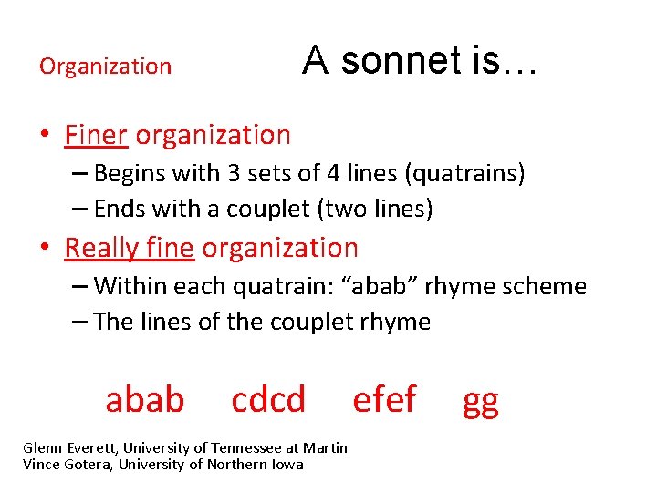 A sonnet is… Organization • Finer organization – Begins with 3 sets of 4