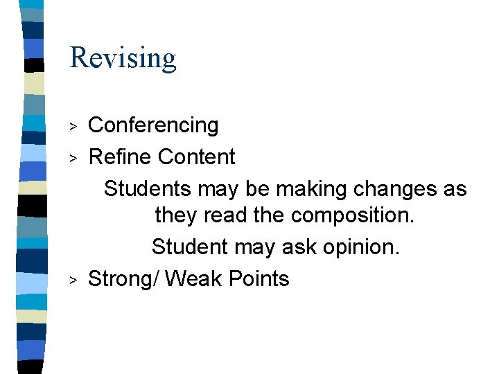 Revising > > > Conferencing Refine Content Students may be making changes as they