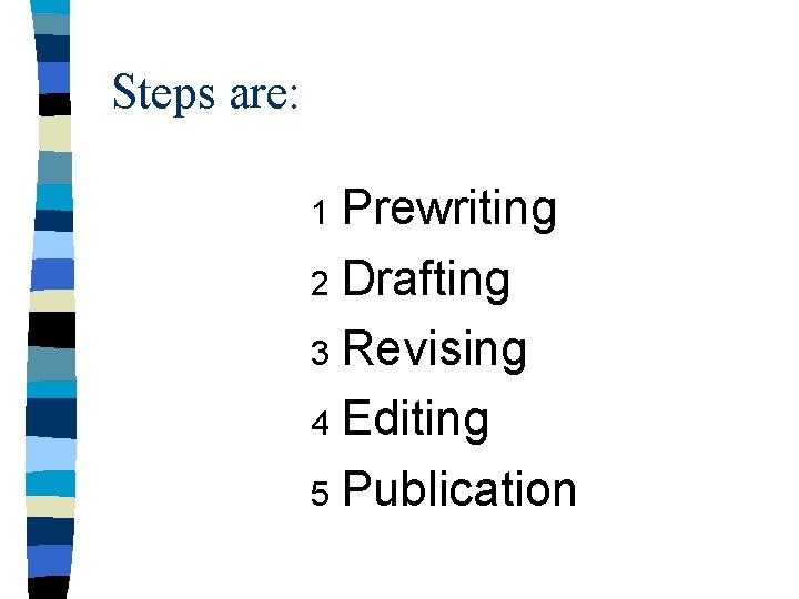 Steps are: Prewriting 2 Drafting 3 Revising 4 Editing 5 Publication 1 