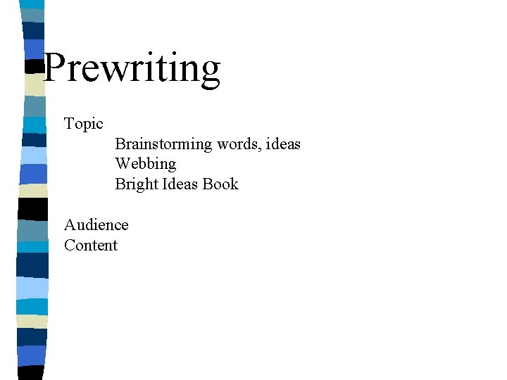 Prewriting Topic Brainstorming words, ideas Webbing Bright Ideas Book Audience Content Prewriting Topic Brainstorming words, ideas Webbing Bright Ideas Book Audience Content