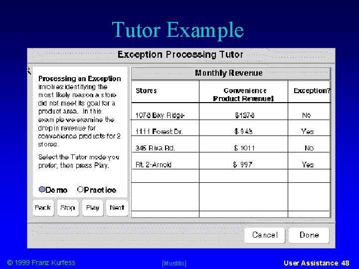 Tutor Example © 1999 Franz Kurfess [Mustillo] User Assistance 48 