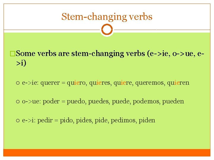 Stem-changing verbs �Some verbs are stem-changing verbs (e->ie, o->ue, e- >i) e->ie: querer =